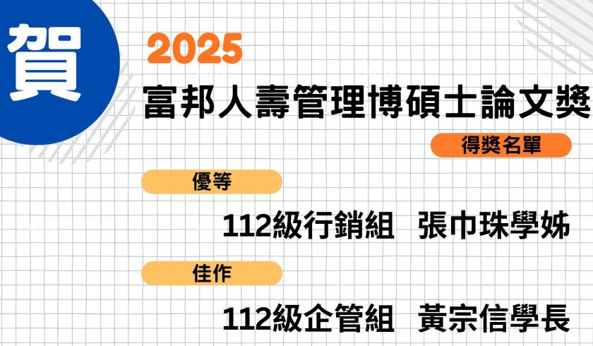 恭喜本班學長姐榮獲2025富邦人壽管理博碩士論文獎